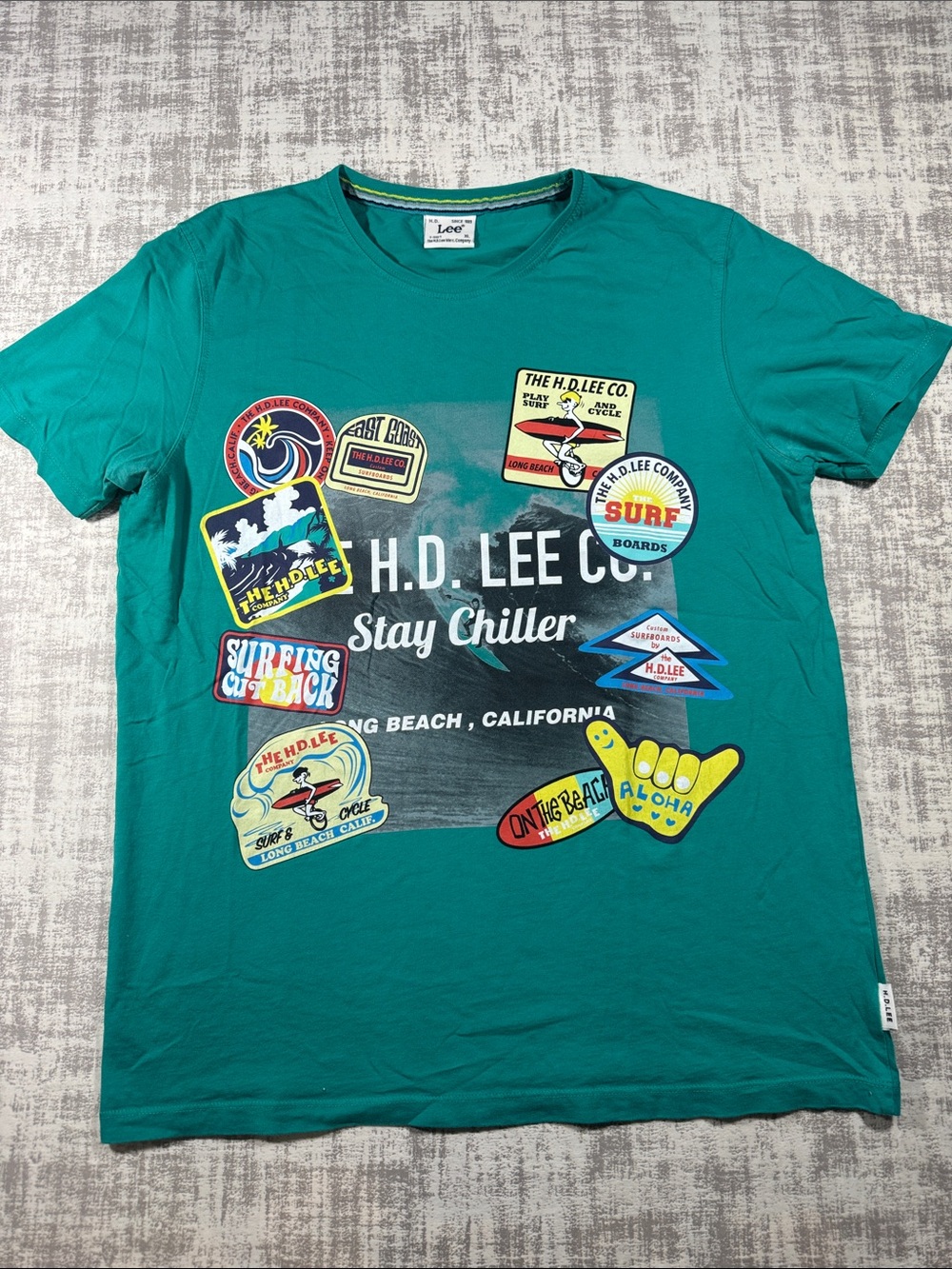 Lee Teal Stay Chiller Surf Patch Short Sleeve Tee sz XL MENS 26.5X20 PTP